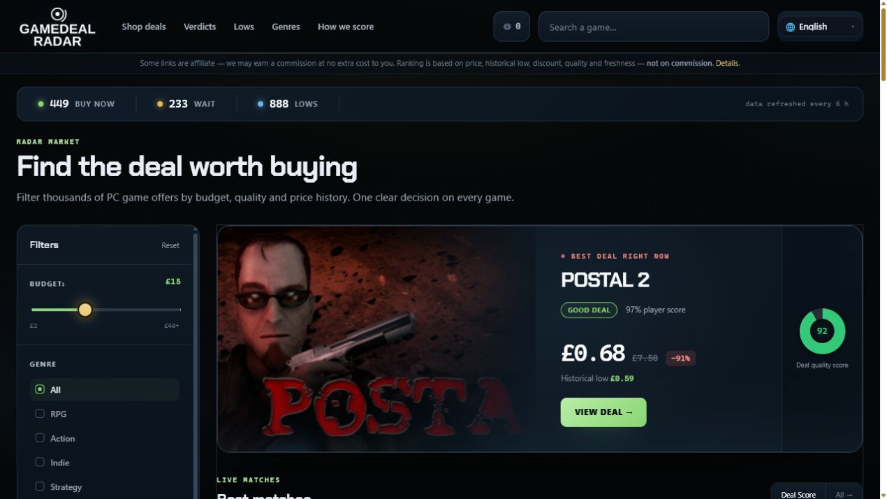 GameDeal Radar live deal interface